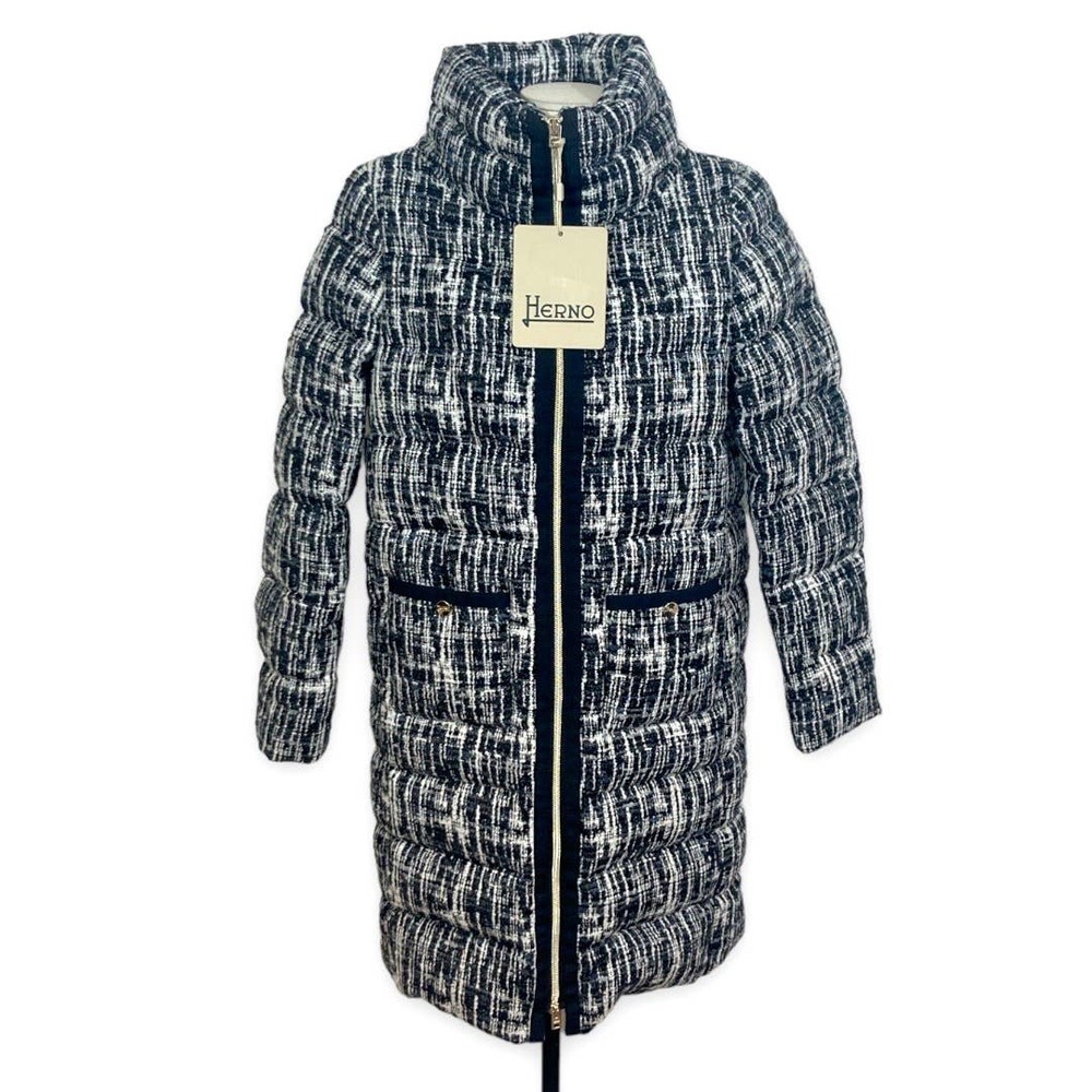 Herno Tweed Down Cocoon Coat Pl1322D Black/White Women's 40 EUC
